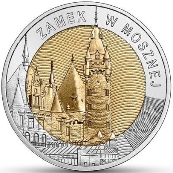 Rewers 5-złotowej monety okolicznościowej z 2022 w temacie "Pałac w Mosznej"